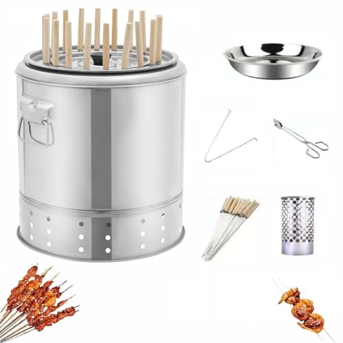 Rauchfreier Holzkohle-HäNgegrill Aus Edelstahl, Bietet Platz FüR 22 Kebab-SpießE, 360°-Rundumgrillen, Geeignet FüR Camping-Picknicks, Strand-BBQ,5-pcs von DEEguess