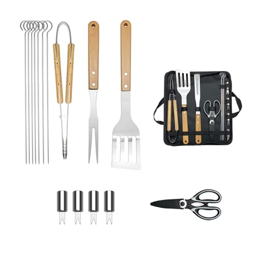 Tragbares Outdoor-BBQ-Stofftaschen-Set, 15-Teiliges Grillwerkzeug Mit Holzgriff, Geeignet FüR Camping, Picknick, Party, Praktisches Geschenk FüR MäNner,C von DEEguess