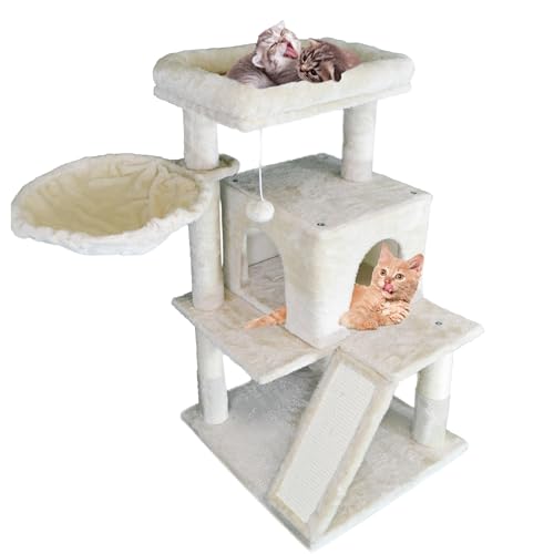 DEFACTO Katzenbaum, 96 cm hoch Katzenhöhle, Katzen Kletterbaum, Kratzbaum, Katzenspielzeug, Katzenmöbel mit stabil Säulen, Hängematten (BEIGE) von DEFACTO