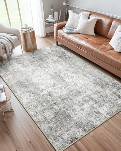 DEFYNEE Abstraktes Teppich Wohnzimmer 180x270 cm, rutschfest, Kurzflor aus Kunstwolle, waschbar, minimalistisch, Bettvorleger für Wohnzimmer, Schlafzimmer & Büro, Grau-Weiß von DEFYNEE