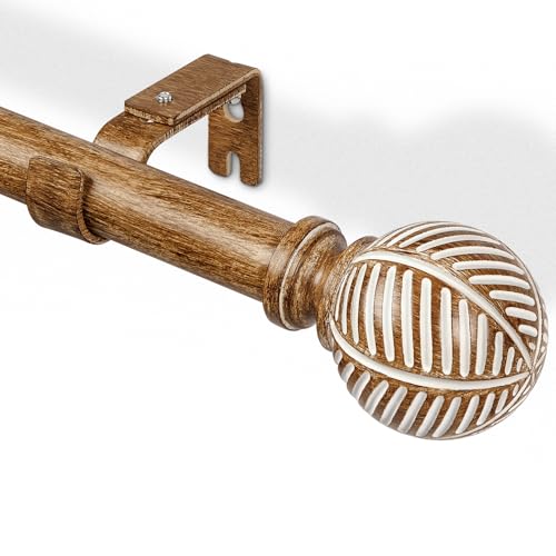 DEFYNEE Gardinenstangen aus Holz für Ösenvorhänge, 76-152 cm, 25 mm Durchmesser Holz Gardinenstange Ausziehbar mit Imitation Maserung Blattmuster Endstücke, Gardinenstange für Fenster oder Tür von DEFYNEE