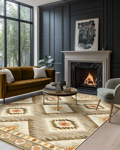DEFYNEE Teppich Wohnzimmer 90x150 cm Eingangsteppich, Waschbarer Teppich Läufer, Kurzflor, rutschfest, Pflegeleicht, Vintage & Boho Rug für Hund, Flur, Küche, Korridor, Creme/Camel von DEFYNEE