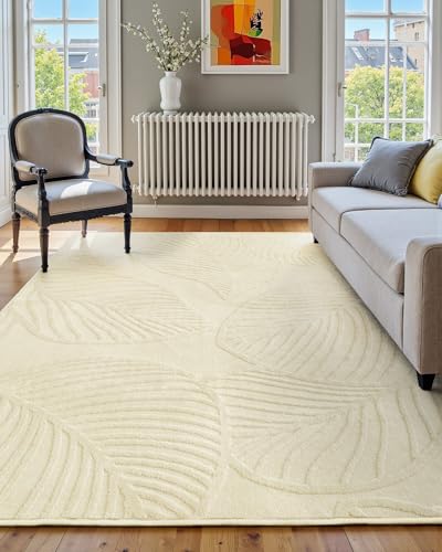 DEFYNEE Teppich Wohnzimmer 152 x 213 cm mit Monstera-Blattmuster, Moderner Kurzflor mit Hoch-Tief-Effekt, Washbar, Anti-Rutsch-Unterseite, weich & groß, für Schlafzimmer, Büro und Esszimmer-Creme Weiß von DEFYNEE
