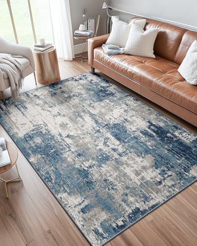 DEFYNEE Abstraktes Teppich Wohnzimmer 240x300 cm, rutschfest, Kurzflor aus Kunstwolle, waschbar, minimalistisch, Bettvorleger für Wohnzimmer, Schlafzimmer & Büro, Blaugrau von DEFYNEE