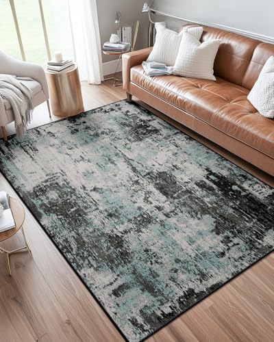 DEFYNEE Abstraktes Teppich Wohnzimmer 90x150 cm, rutschfest, Kurzflor aus Kunstwolle, waschbar, minimalistisch, Bettvorleger für Wohnzimmer, Schlafzimmer & Büro, Schwarzblau von DEFYNEE
