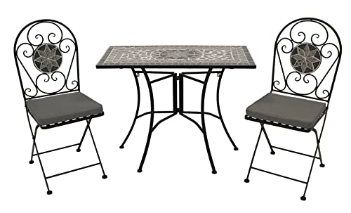 DEGAMO Balkonset Siena 3-teilig, 2X Klappstuhl und 1x Tisch 45x90cm rechteckig, Eisen schwarz mit Mosaik Dekor grau/Weiss, mit Polstern grau von DEGAMO