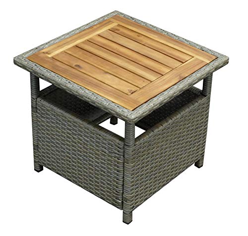DEGAMO Beistelltisch Gartentisch Trento 45x45cm, Gestell Stahl + Polyrattan grau beige, Tischplatte Akazie braun geölt, Indoor und Outdoor von DEGAMO
