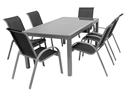 DEGAMO Garnitur Amalfi, Aluminium + Kunststoffgewebe schwarz. 6X Stapelsessel, 1x Ausziehtisch 140/200x90cm mit Glasplatte DEGAMO Garnitur Amalfi, Aluminium + Kunststoffgewebe schwarz. 6X Stapelsessel, 1x Ausziehtisch 140/200x90cm mit Glasplatte von DEGAMO