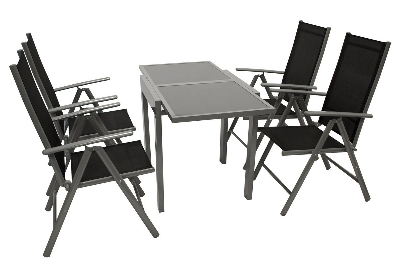 DEGAMO Garten-Essgruppe AMALFI, (5-tlg), Aluminium silbergrau, Kunstgewebe schwarz, Glasplatte dunkelgrau von DEGAMO