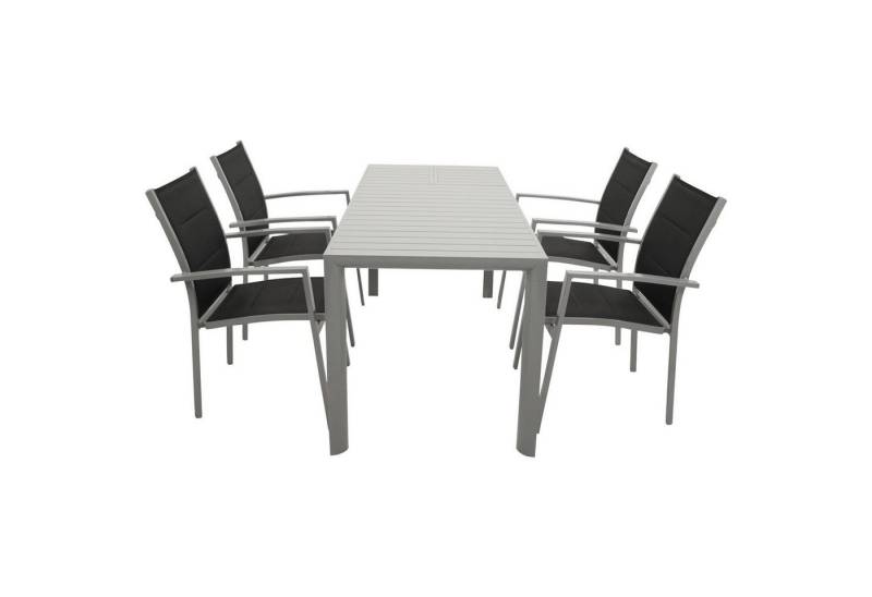 DEGAMO Garten-Essgruppe BAGO 5-teilig, 4x Stapelsessel, 1x Ausziehtisch 120/162x70cm, Aluminium silbergrau von DEGAMO