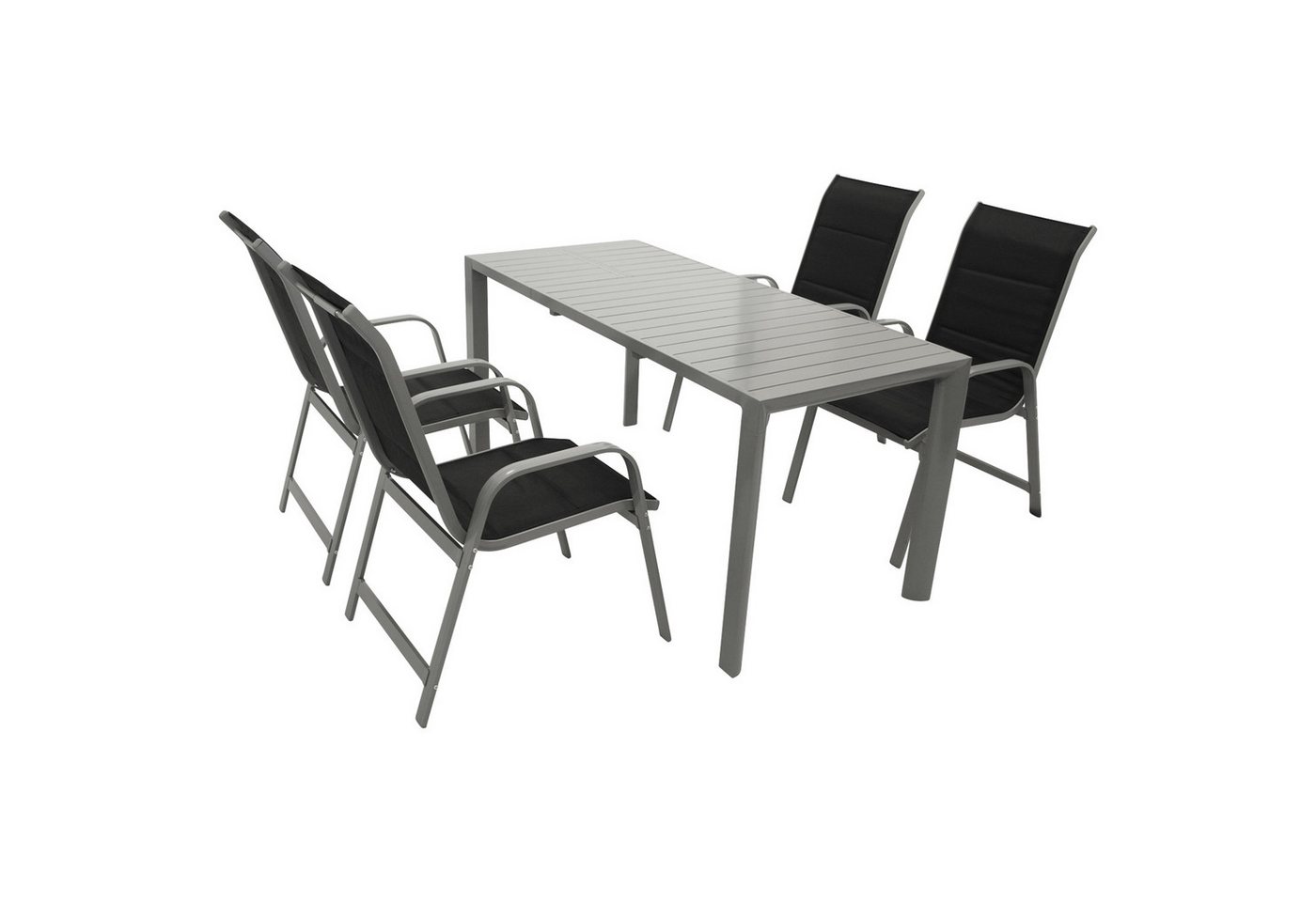 DEGAMO Garten-Essgruppe BAGO 5-teilig, 4x Stapelsessel, 1x Ausziehtisch 120/162x70cm, Aluminium silbergrau von DEGAMO