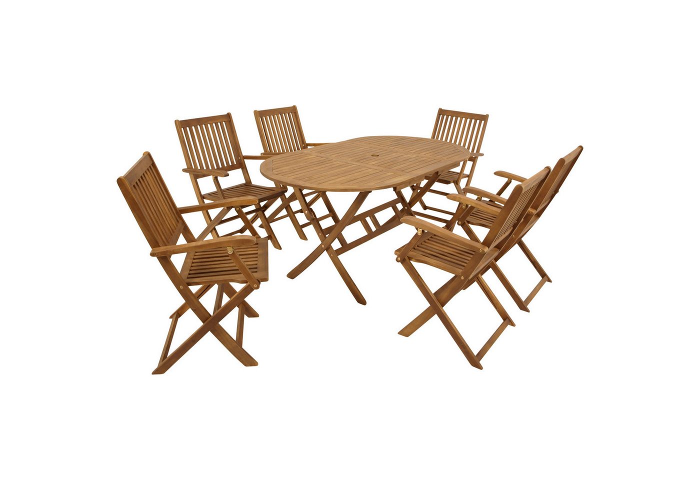 DEGAMO Garten-Essgruppe BENITA, (7-tlg), (6x Stuhl, 1x Tisch oval 85x160cm), Akazie geölt, klappbar von DEGAMO