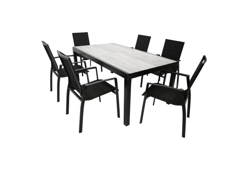 DEGAMO Garten-Essgruppe FARO, (7-tlg), 6x Stapelsessel, 1x Ausziehtisch, Aluminium anthrazit + Keramik von DEGAMO