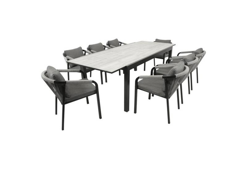 DEGAMO Garten-Essgruppe FARO, (9-tlg., 8x Stapelsessel, 1x Ausziehtisch), Alu anthrazit, Stapelsessel Rope, Ausziehtisch Keramikoptik hell von DEGAMO