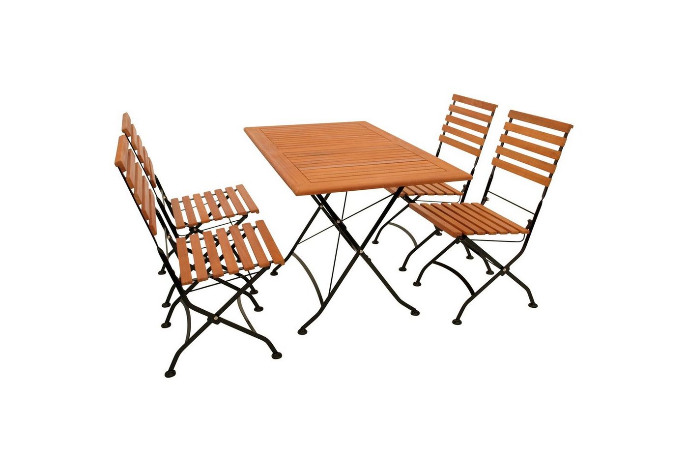 DEGAMO Garten-Essgruppe HOFGARTEN, (5-tlg), 4x Stuhl, 1x Tisch eckig 70x120cm, Stahl schwarz, Eukalyptus von DEGAMO