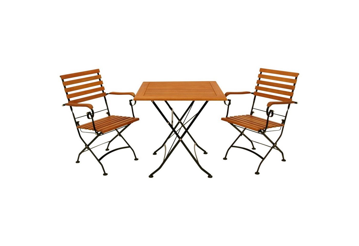 DEGAMO Garten-Essgruppe HOFGARTEN, (3-tlg), 2x Sessel, 1x Tisch eckig 75x75cm, Stahl schwarz, Eukalyptus von DEGAMO