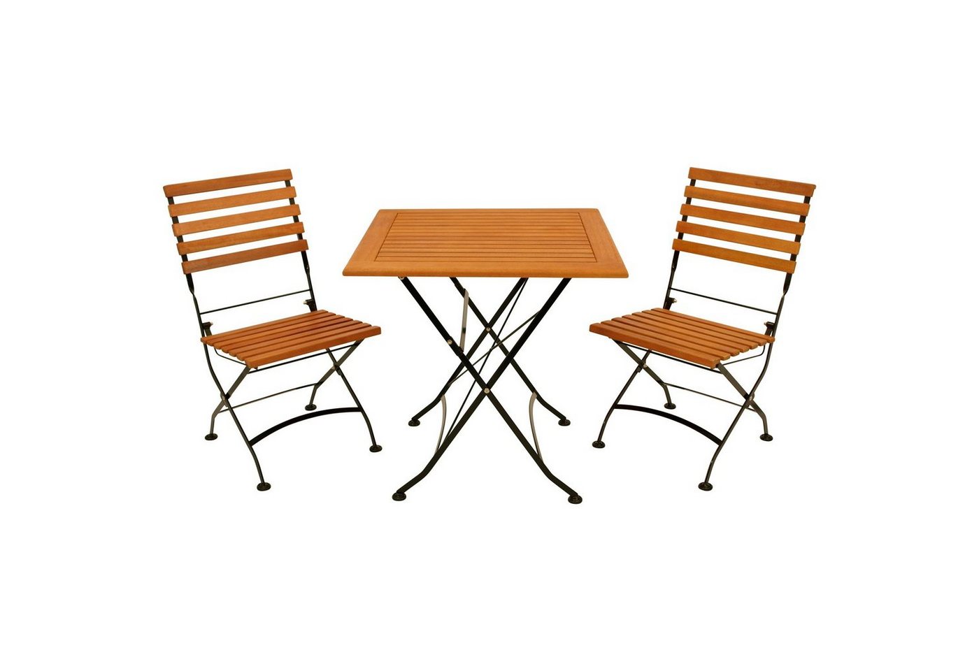 DEGAMO Garten-Essgruppe HOFGARTEN, (3-tlg), 2x Stuhl, 1x Tisch eckig 75x75cm, Stahl schwarz, Eukalyptus von DEGAMO