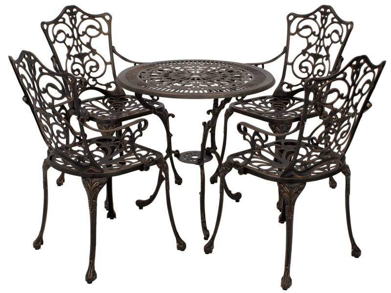 DEGAMO Garten-Essgruppe Jugendstil, (5-tlg), (4x Sessel, 1x Tisch 70cm rund), Aluguss rostfrei, Farbe bronze-antik von DEGAMO