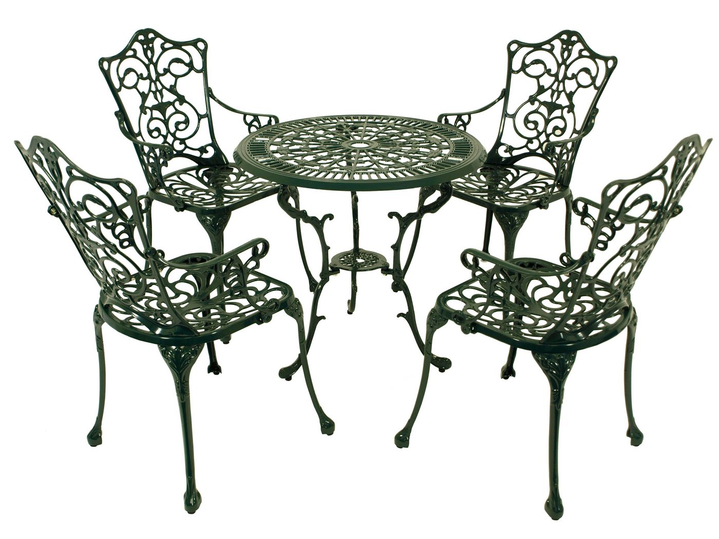 DEGAMO Garten-Essgruppe Jugendstil, (5-tlg), (4x Sessel, 1x Tisch 70cm rund), Aluguss rostfrei, Farbe dunkelgrün von DEGAMO