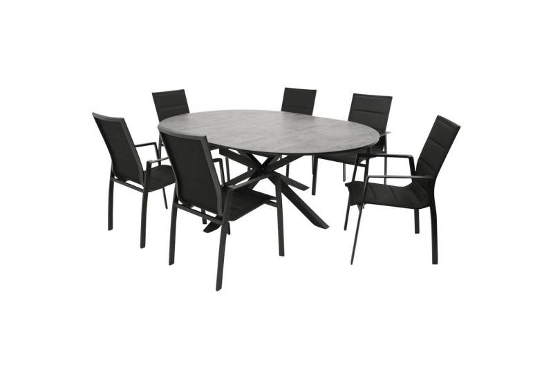 DEGAMO Garten-Essgruppe LYON, (7-tlg., 6 Sessel, 1x Tisch), Alu anthrazit, Stapelsessel, Tisch ausziehbar, Platte ECP Steinoptik von DEGAMO