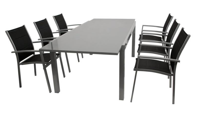 DEGAMO Garten-Essgruppe MARINA, (7-tlg), 6x Sessel grau/schwarz, 1x Ausziehtisch Glasplatte dunkelgrau von DEGAMO
