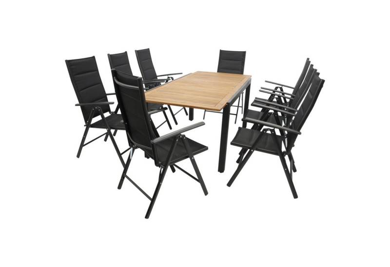 DEGAMO Garten-Essgruppe MILOS 9-teilig, 8x Klappsessel, 1x Ausziehtisch 150/200x90cm, Alu anthrazit + Akazie von DEGAMO