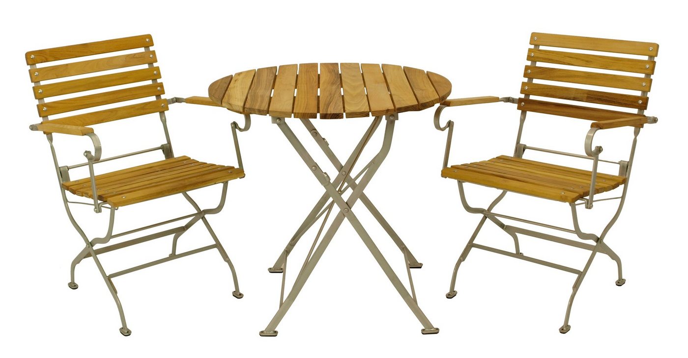 DEGAMO Garten-Essgruppe PASSAU, (3-tlg), (2x Sessel, 1x Tisch 77cm rund), Gestell verzinkt + Robinie, klappbar von DEGAMO