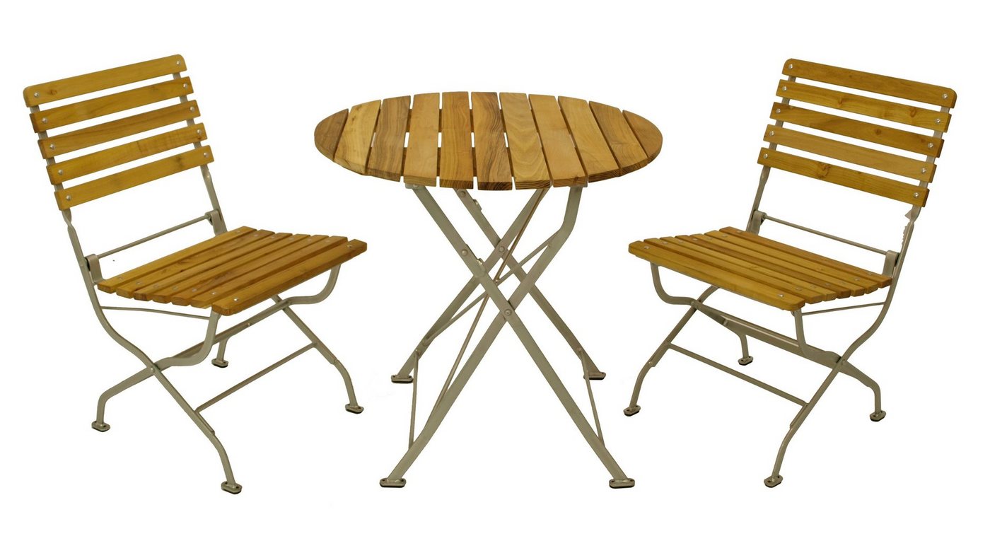 DEGAMO Garten-Essgruppe PASSAU, (3-tlg), (2x Stuhl, 1x Tisch 77cm rund), Gestell verzinkt + Robinie, klappbar von DEGAMO