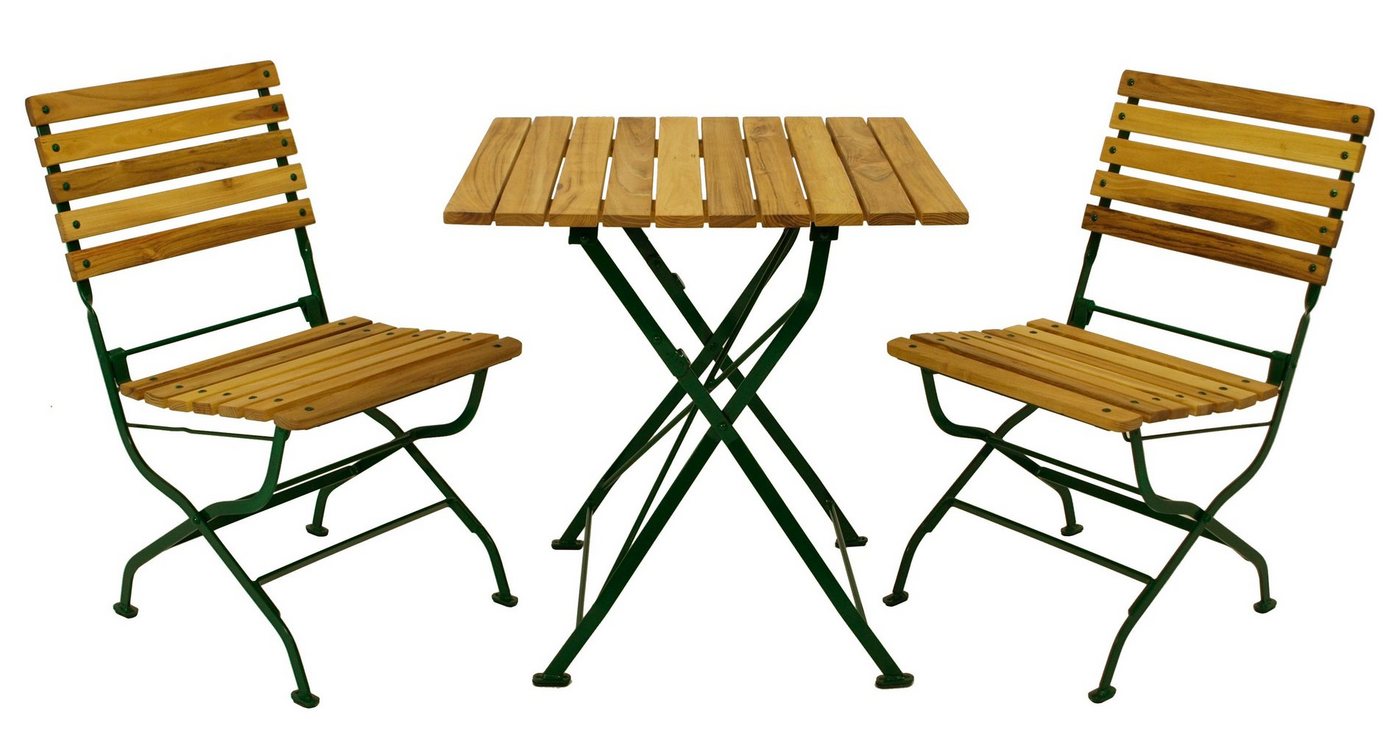 DEGAMO Garten-Essgruppe PASSAU, (3-tlg), (2x Stuhl, 1x Tisch 70x70cm), Gestell grün + Robinie, klappbar von DEGAMO