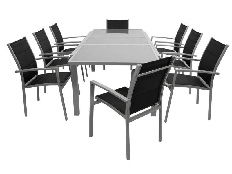 DEGAMO Garten-Essgruppe PISA 9-teilig, 8x Stapelsessel, 1x Ausziehtisch Glas 180/240x100cm, Alu silbergrau von DEGAMO