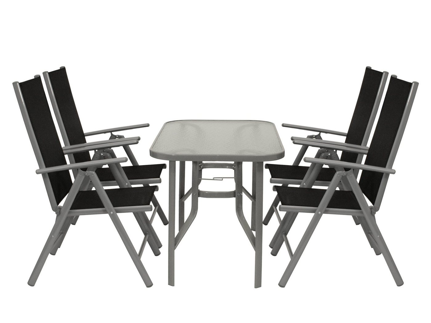 DEGAMO Garten-Essgruppe RAVENNA, (5-tlg), 4x Klappsessel Alu + Textilgewebe, 1x Glastisch grau von DEGAMO