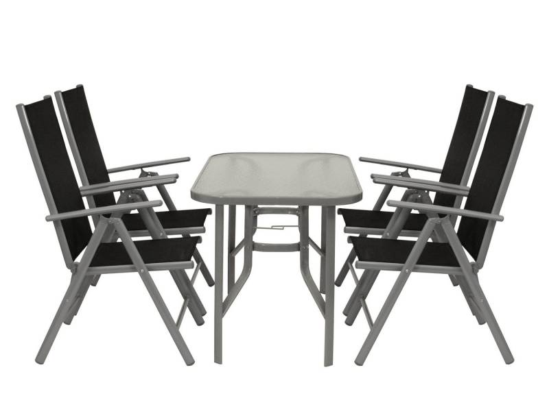 DEGAMO Garten-Essgruppe RAVENNA, (5-tlg), 4x Klappsessel Alu + Textilgewebe, 1x Glastisch grau von DEGAMO