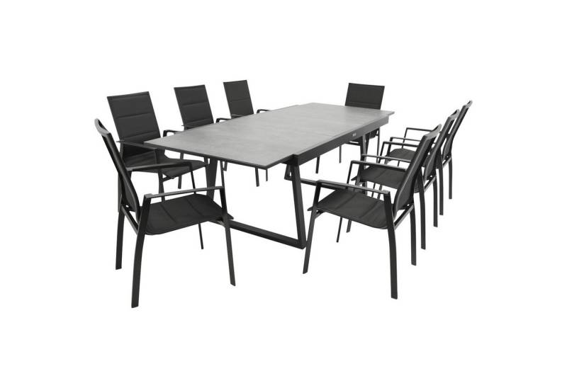 DEGAMO Garten-Essgruppe REIMS, (9-tlg., 8x Stapelsessel, 1x Ausziehtisch), Alu anthrazit, Stapelsessel, Tisch ausziehbar, Platte Keramikoptik von DEGAMO