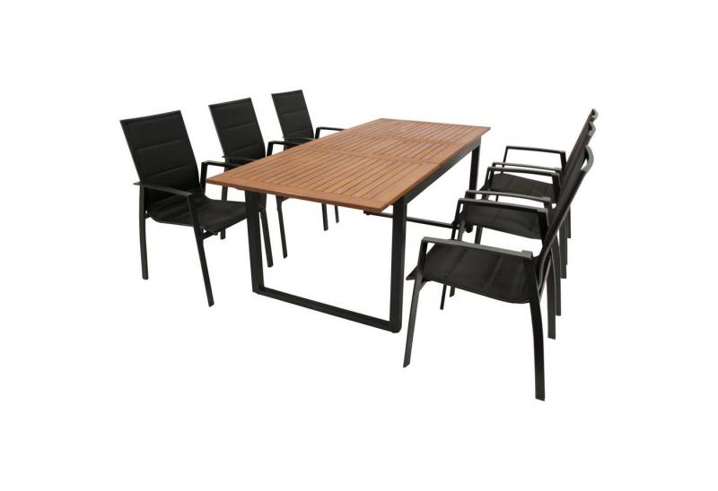 DEGAMO Garten-Essgruppe RIVELLO (6x Stapelsessel, 1x Ausziehtisch), (7-tlg), Alu anthrazit, Akazie, Sessel gepoltert, modernes Design von DEGAMO
