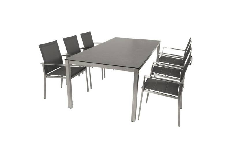 DEGAMO Garten-Essgruppe SYDNEY Edelstahl, (7-tlg., 6x Stapelsessel, 1x Tisch 200x100cm), Oberfläche gebürstet, Tischplatte Keramikoptik, wetterfest von DEGAMO