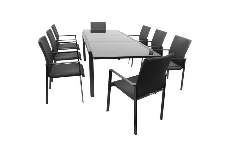 DEGAMO Garten-Essgruppe TORINO, (9-tlg., 8x Stapelsessel, 1x Ausziehtisch), Alu anthrazit, Stapelsessel schnelltrocknend, Ausziehtisch Glas von DEGAMO