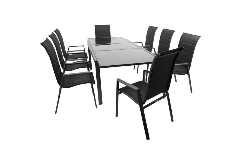 DEGAMO Garten-Essgruppe TORINO Hochlehner, (9-tlg., 8x Stapelsessel, 1x Ausziehtisch), Alu anthrazit, Stapelsessel, Ausziehtisch Glas 180/240x100cm von DEGAMO