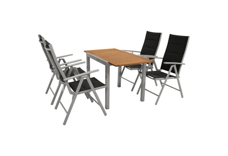 DEGAMO Garten-Essgruppe VAIL, (5-tlg., 4 Klappsessel, 1 Ausziehtisch), Aluminium silbergrau, Tischplatte Akazie, Sessel klappbar von DEGAMO