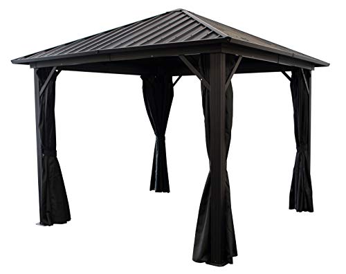 DEGAMO Garten Pavillon Novara 3x3 Meter, Alugestell schwarz, Dach aus verzinktem Trapezblech/Metall, schwarz, mit Seitenteilen dunkelgrau von DEGAMO