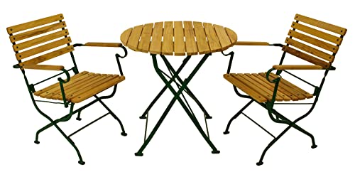 DEGAMO Garten Sitzgruppe Klappgarnitur Passau 3-teilig (2X Armlehnensessel, 1x Tisch rund 77cm), Gestell Flachstahl dunkelgrün, Belattung Robinien Holz, Outdoor von DEGAMO