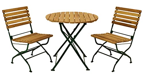 DEGAMO Garten Sitzgruppe Klappgarnitur Passau 3-teilig (2X Stuhl, 1x Tisch rund 77cm), Gestell Flachstahl dunkelgrün, Belattung Robinien Holz, Outdoor von DEGAMO