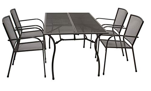 DEGAMO Gartengarnitur Classic 5-teilig, 4X Stapelsessel und 1x Tisch 90x150cm rechteckig, Streckmetall anthrazit beschichtet von DEGAMO