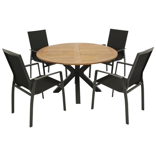 DEGAMO Gartengarnitur Madeira 5-teilig, 4X Stapelsessel anthrazit und 1x Gartentisch Metall mit Tischplatte Akazie 130cm rund, Outdoor von DEGAMO