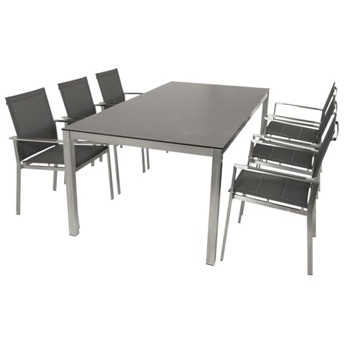 DEGAMO Gartengarnitur Sydney 7-teilig Edelstahl (6X Stapelsessel gepolstertes Kunstgewebe grau und 1x Tisch in Keramikoptik 200x100cm), Outdoor wetterfest von DEGAMO
