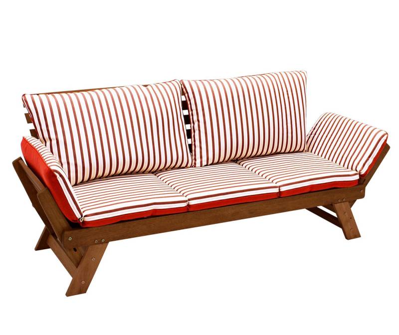 DEGAMO Gartenliege Liegesofa TIROL, 1 St., 202cm, Eukalyptus Hartholz, Wendeauflage rot/beige, Innen und Außen von DEGAMO