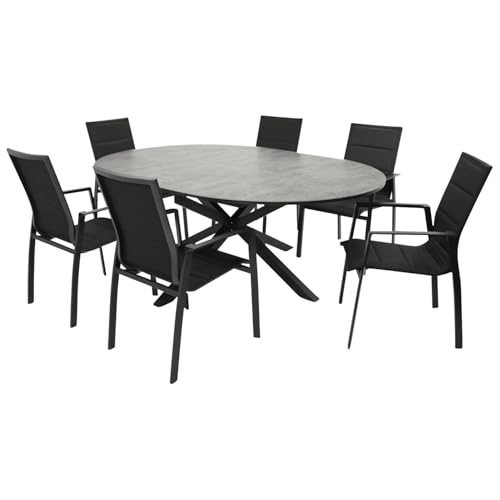 DEGAMO Gartenset Garnitur Lyon 7-teilig (6X Stapelsessel, 1x Ausziehtisch 140/200x140cm oval), Alu anthrazit + ECP in Steinoptik, wetterfest von DEGAMO