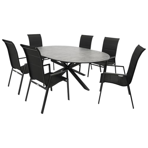 DEGAMO Gartenset Garnitur Lyon 7-teilig (6X Stapelsessel Hochlehner, 1x Ausziehtisch 140/200x140cm oval), Alu anthrazit + ECP in Steinoptik, wetterfest von DEGAMO