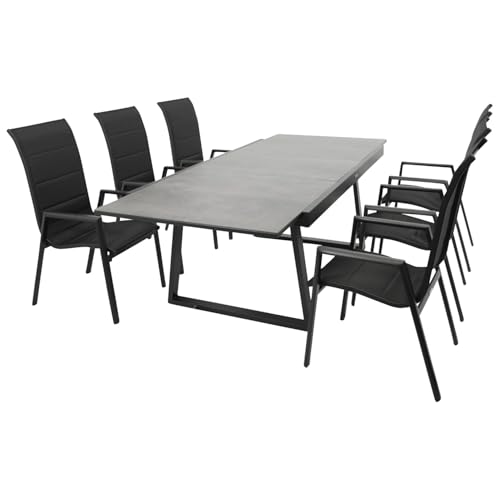 DEGAMO Gartenset Garnitur Reims 7-teilig (6X Stapelsessel Hochlehner, 1x Ausziehtisch 180/240x100), Alu anthrazit + Tischplatte Glas in Keramikoptik dunkelgrau von DEGAMO