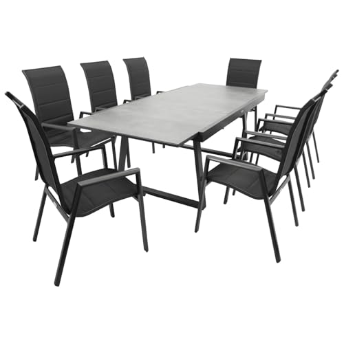 DEGAMO Gartenset Garnitur Reims 9-teilig (8X Stapelsessel Hochlehner, 1x Ausziehtisch 180/240x100), Alu anthrazit + Tischplatte Glas in Keramikoptik dunkelgrau von DEGAMO