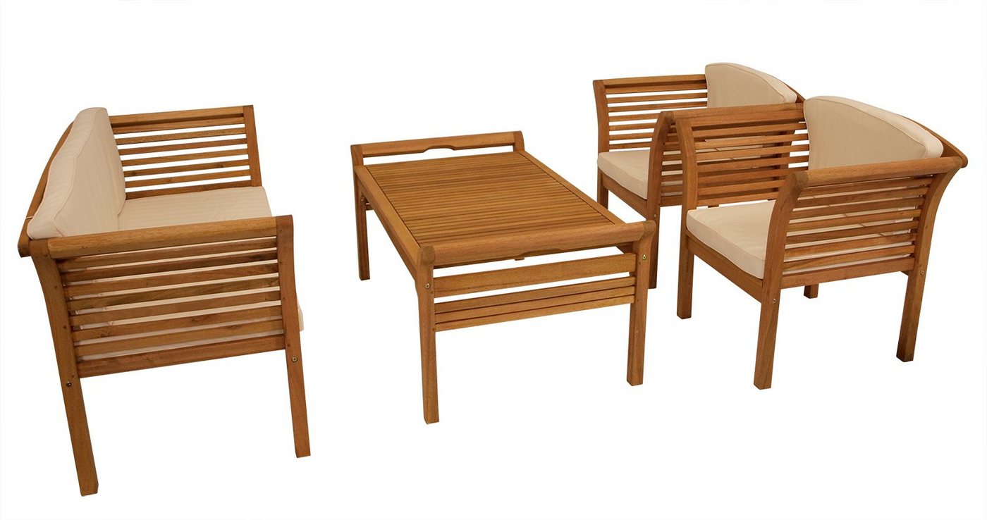 DEGAMO Gartenlounge-Set MALAGA, (4-tlg), (2x Sessel, 1x Sofa, 1x Loungetisch), Eukalytpus, mit Polstern von DEGAMO